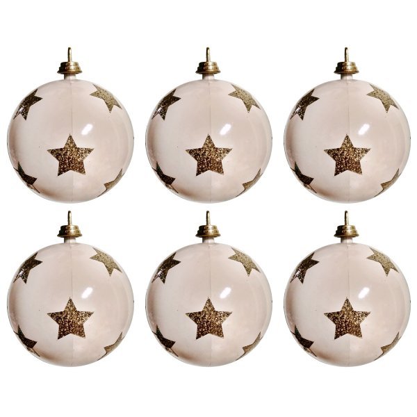 Χριστουγεννιάτικες Μπάλες Λευκές με Χρυσά Αστεράκια - Σετ 6 τεμ. (8cm)